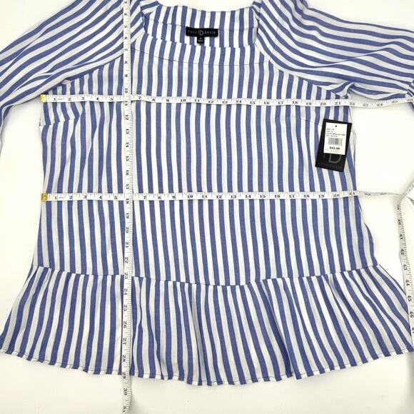 Fred David Plus Sz 1X Blue White Striped Flounce Sleeve Peplum Blouse Top Ruffle - Picture 9 of 10